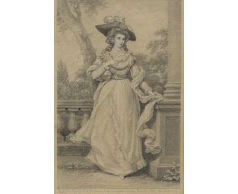 Attributed to Richard Cosway. Portrait of Elizabeth Stephenson, Countess of Wexborough, standing on terrace with a landscape 