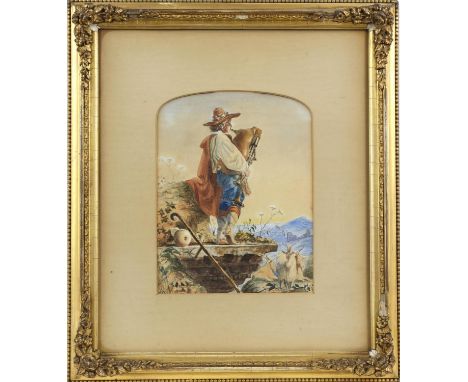 Portrait of a Goatherd playing the pipes. Watercolour, unsigned. 19th century Continental school. 
