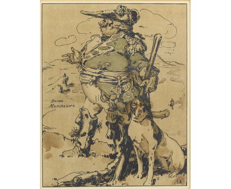 William Nicholson (British, 1972-1949), 'Baron Munchausen'. Hand-coloured lithograph. Framed and glazed. Image size 34 x 27cm