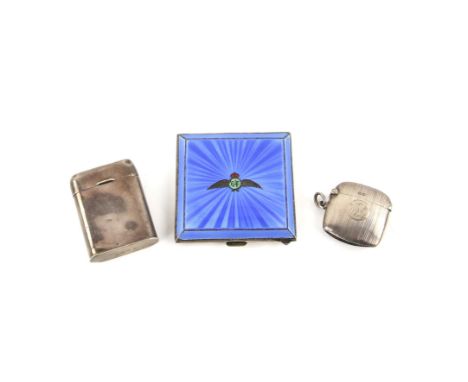 Silver & blue guilloche enamel compact with applied silver & enamel RAF wings, by Henry Clifford Davis Birmingham 1939, silve