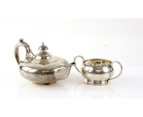 Victorian silver squat globular teapot, with ivory insulators, London 1840, 23 cm long, a twin handle sugar bowl 15 cm wide, 