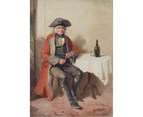 English School, 19th Century. Portrait of a Chelsea Pensioner, seated at a table with a drink and a clay pipe. Watercolour, u