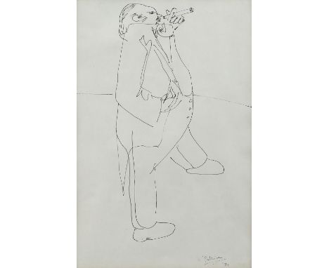 Anthony Palliser (Irish, b.1949). Caricature portrait of rotund gentleman with a large cigar. Pen and ink, 1971. Signed and d