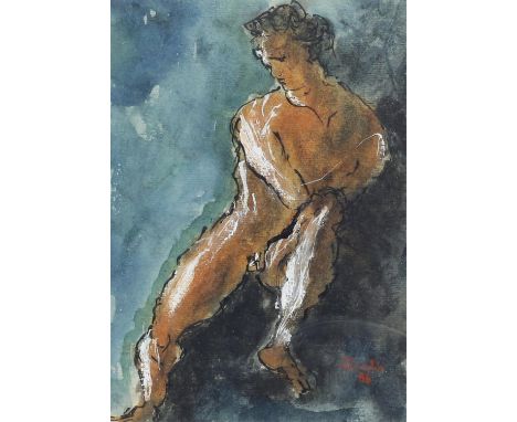 Chinylin? (20th century). Portrait of a seated nude man. Watercolour with bodycolour. 1986. Signed and dated lower right. 17 