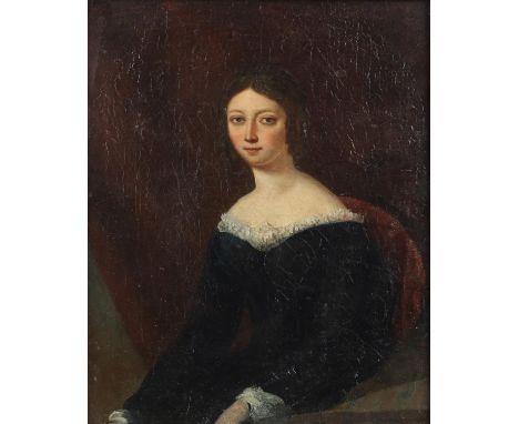19th century British School. Portrait of a young lady wearing a black dress, half length. Oil on panel. 30 x 25cm. 