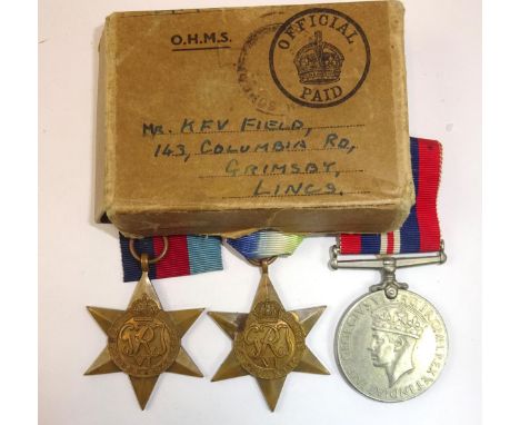 Three: 1939-45 star, Atlantic star, War medal, un-named as issued, VF, in Navy carton remains named to JX 400327 (? worn) K E