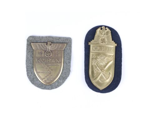 A Third Reich Kuban arm shield on field grey patch, and a Narvik shield on naval blue patch. GC (2) £100-120