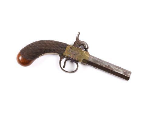 A Birmingham made 70 bore brass framed percussion boxlock pocket pistol, 7½" overall, turn off barrel 2¾", Birmingham proved,