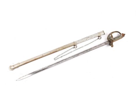 An 1845 pattern Infantry officer's sword, the blade retaining faint traces of etching, in its steel scabbard. Generally GC (s