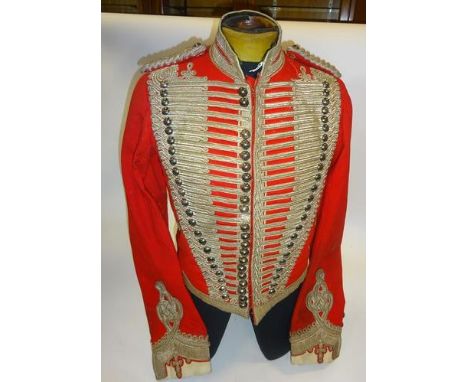 A Victorian officer's scarlet shell jacket of the Westmorland &amp; Cumberland Yeomanry, heavily decorated with silver braid 