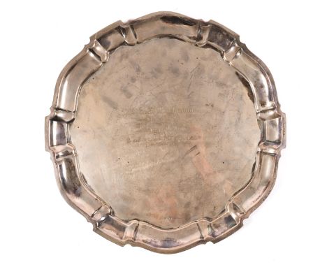 A presentation silver tray of Zeppelin interest, with gadrooned border and 835 purity mark. Engraved "Adolf Bachmann verliehe