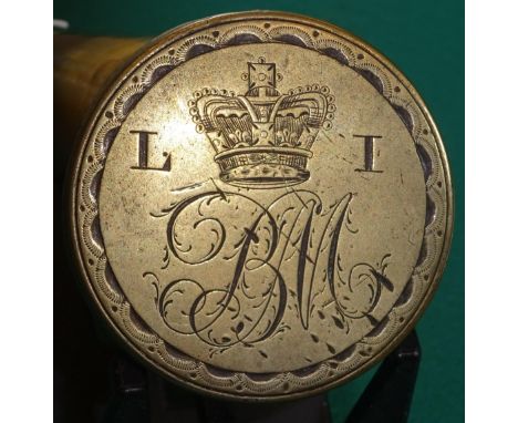 A Georgian Militia horn powder flask, 8½", with nicely figured horn body, revolving charger with sprung cut off cap, the base