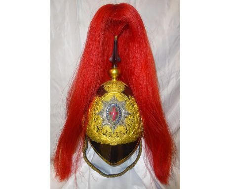 A very fine and scarce Royal Horse Guards officer's dress helmet c 1890, silver plated skull with gilt mounts, silver, gilt a
