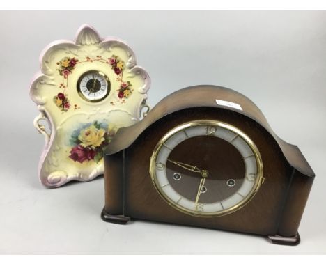 OAK CASED BENTIMA EIGHT DAY MANTEL CLOCK, along with a ceramic mantel clock (2)