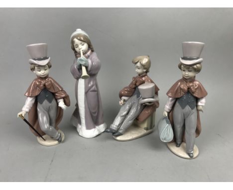 LLADRO FIGURE OF A GIRL PLAYING A HORN, 25cm high, along with three other Lladro figures of boys in vintage dress (4)