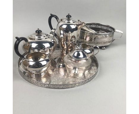 SILVER TOPPED CUT GLASS PRESERVE JAR, with spoon, along with a silver plated tea service. three serving trays and other plate