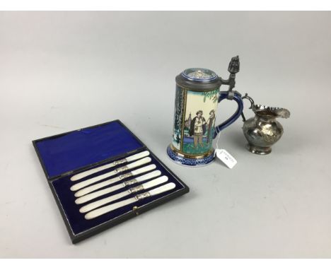 SILVER PLATED CIRCULAR TRAY, along with cased and loose cutlery and a ceramic stein