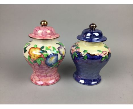 PAIR OF MALING JARS WITH COVERS, 20cm high, along with two Carltonware serving dishes, planter and condiments modelled as bee