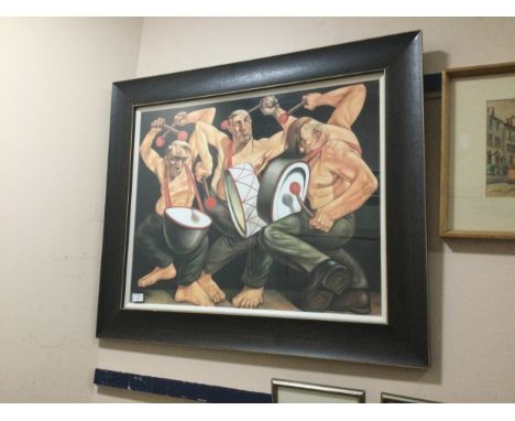 AFTER PETER HOWSON OBE (SCOTTISH b 1958), THE DRUMMERS, framed and under glass, 62cm x 76cm