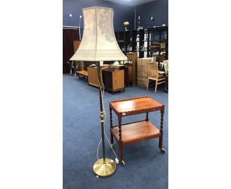 OAK TEA TROLLEY, along with a brass floor lamp, with shade (2)