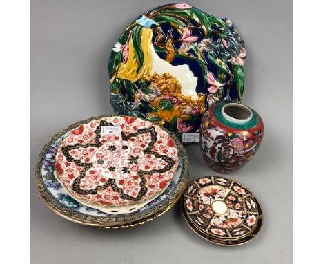 THREE ROYAL CROWN DERBY IMARI SAUCERS, along with a majolica wall plaque, a Crown Devon bowl, a Belleek plate and other ceram