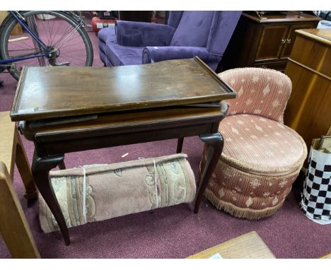 MAHOGANY TURNOVER CARD TABLE, 71cm wide, along with a mahogany bed tray, bedroom chair and a floor runner (4)