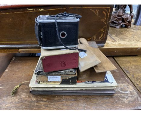 ZEISS IKONTA 6X6 CAMERA, in original leather case and box, along with another camera, coins, photograph album and other objec