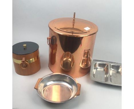 20TH CENTURY COPPER COAL BIN, of twin handled cylindrical form, the lid with thistle motif finial, along with a Scandinavian 