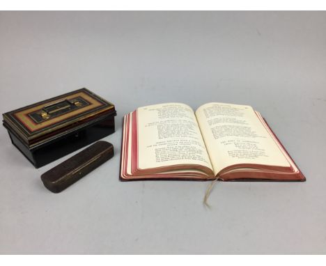 BURNS POETICAL WORKS LEATHERBOUND BOOK, along with four vintage tins and playing cards in leather case