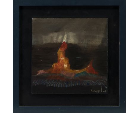 OLNEY KARVAJAL (COLOMBIAN b 1954 - ), ABSTRACT LANDSCAPE oil on panel, signed and dated '09 20cm x 20cm Framed