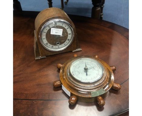 OAK MANTEL CLOCK, 16cm high, along with an oak barometer (2)