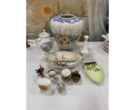 PORTUGUESE VASE, with floral decoration, 28cm high, along with other ceramics including a Royal Doulton bowl and a Hummel fig