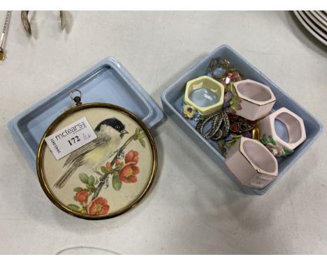 BRASS FRAMED MINIATURE PORTRAIT OF A BIRD, signed J King 1989, along with napkin rings, brooches and a Wedgwood lidded dish