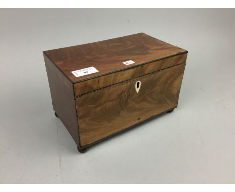 MAHOGANY TEA CADDY, 24cm wide, along with a plated candlestick lamp and a pewter coffee pot