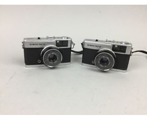 TWO OLYMPUS TRIP 35 CAMERAS, along with other items including a pair of opera glasses, a vintage Chesterman Sheffield measuri