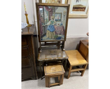 TWO NEST OF TABLES, along with a folding firescreen/table (3)