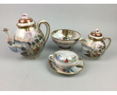 JAPANESE EGGSHELL PORCELAIN TEA SERVICE, painted with figures in a landscape setting, comprising a tea pot, sugar, 12 cups, 1