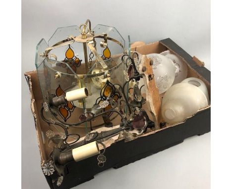 EARLY 20TH CENTURY CEILING LANTERN, with three light sconces and glass shade, along with a wall sconce and other glass shades