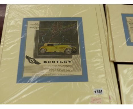 A GROUP OF COLOUR PRINTS OF VINTAGE MOTOR CAR ADS, MOUNTED BUT UNFRAMED, SIZES VARY