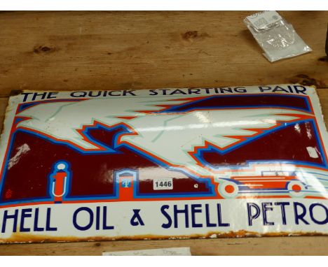 A RARE SHELL OIL &amp; SHELL PETROL, THE QUICK STARTING PAIR, DOMED ENAMEL ADVERTISING SIGN. 
