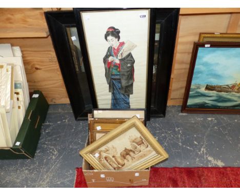 AN ORIENTAL WATERCOLOUR PORTRAIT OF A LADY HOLDING A FAN, TOGETHER WITH OTHER ANTIQUE AND LATER PICTURES, SIZES VARY
