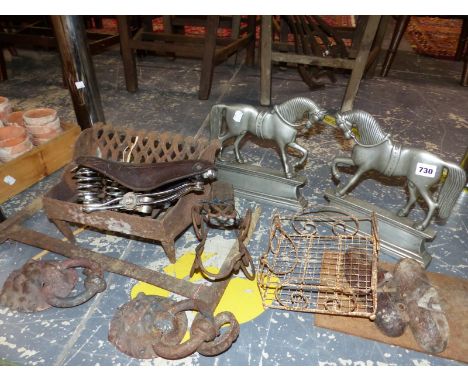 A TRAY OF TERRACOTTA FLOWER POTS, TWO HORSE DOOR STOPS, A FIRE GRATE, WHITE ENAMEL WARES, ETC