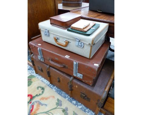 A WOOD SLATED TRUNK, SUITCASES ETC. 