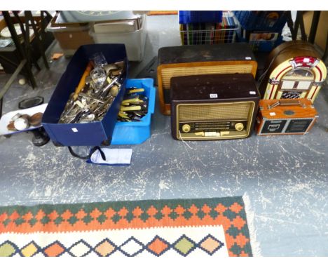 FOUR RADIOS TOGETHER WITH ELECTROPLATE CUTLERY, SCALES AND WEIGHTS