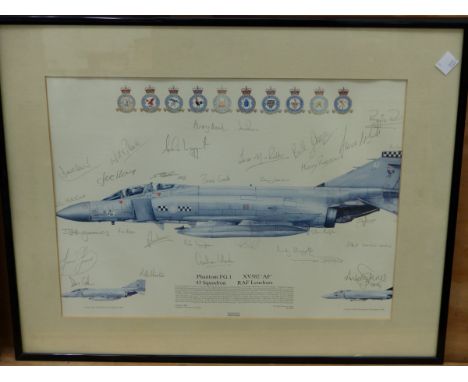 TWO LIMITED EDITION COLOUR PRINTS OF FIGHTER JETS WITH INSCRIPTIONS AND CREW SIGNATURES, TOGETHER WITH A COMMEMORATIVE BATTLE