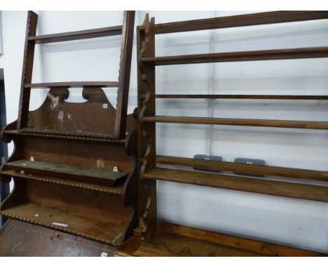 A WILLIAM IV MAHOGANY SMALL OPEN SHELF UNIT, TWO PINE PLATE RACKS, AND ONE OTHER. 
