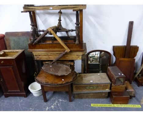 VARIOUS FURNITURE RESTORATION PROJECTS TO INCLUDE GEORGIAN TEA TABLE, A VICTORIAN TWO DRAWER WRITING TABLE, WRITING BOXES, CO