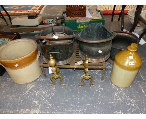 THREE COPPER COAL SCUTTLES, BRASS ANDIRONS AND A FOOTMAN, A TWO TONE STONEWARE FLASK AND POT