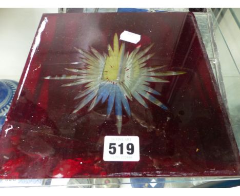 FOUR LEADED GLASS GEOMETRIC PANELS TOGETHER WITH A RUBY OVERLAY GLASS PANEL CUT WITH A STAR.&nbsp;&nbsp;(REMOVED FROM THE PRO