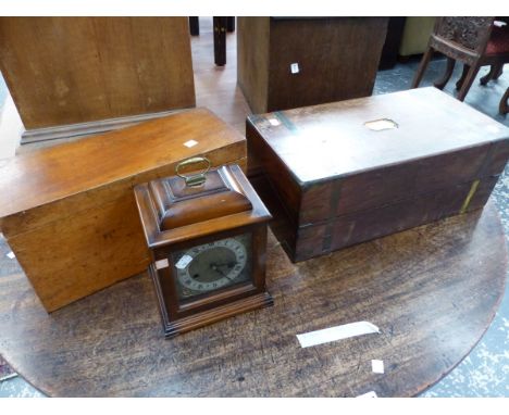 A VICTORIAN MAHOGANY AND BRASS INLAID WRITING BOX, A SMITHS BRACKET CLOCK AND A MAHOGANY BOX. 